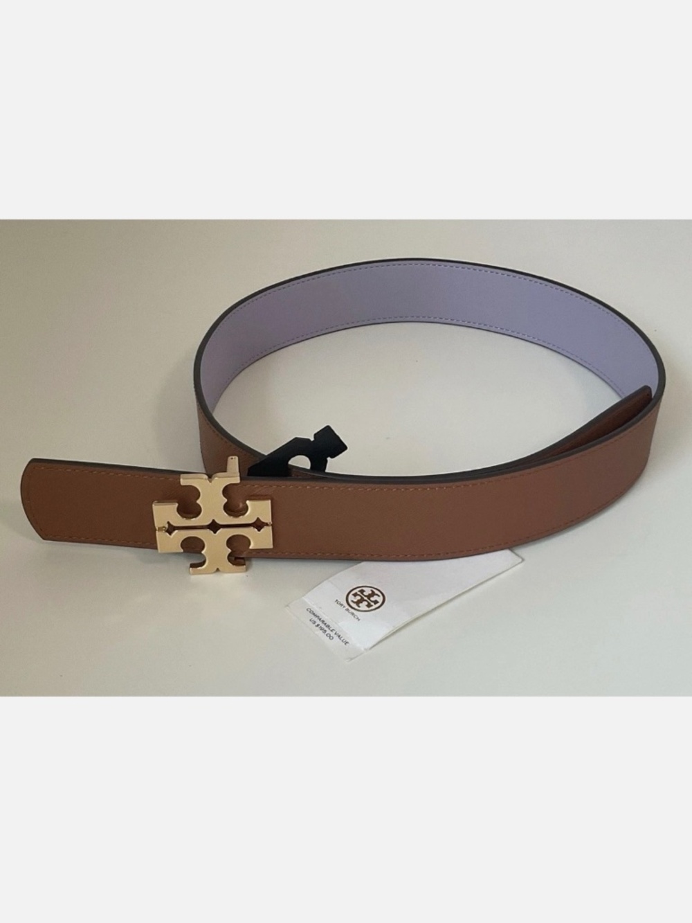 Tory Burch Reversible Belt Size S Classic Tan New Lavander Golden Logo 1.5’